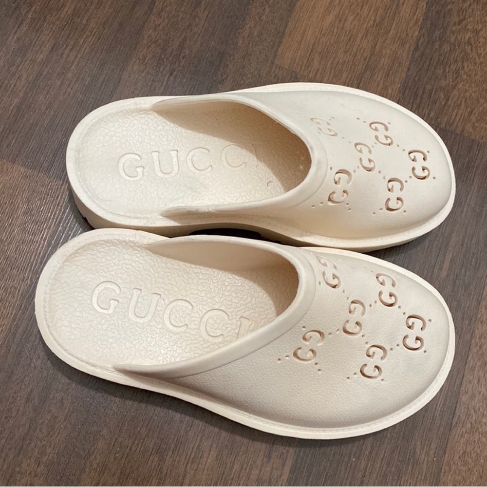Gucci Cream Slip-On Rubber Mules with GG Cutouts